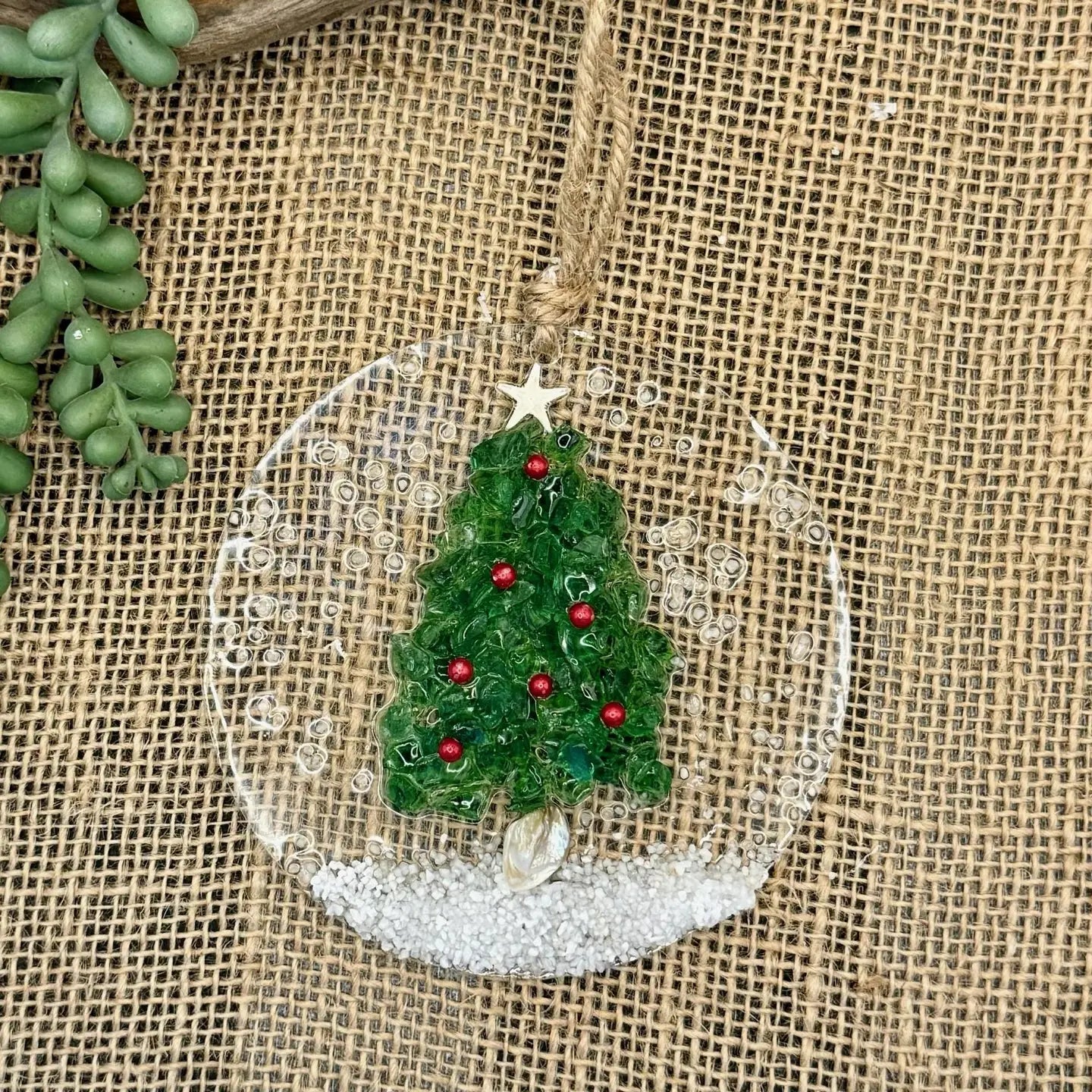 Coastal Christmas Ornament-Green Glass Tree with Berries