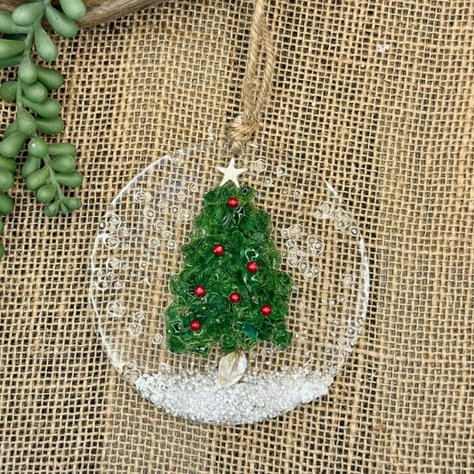 Coastal Christmas Ornament-Green Glass Tree with Berries