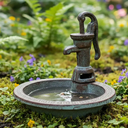 Water Pump Bird Bath, Rustic Cast Iron