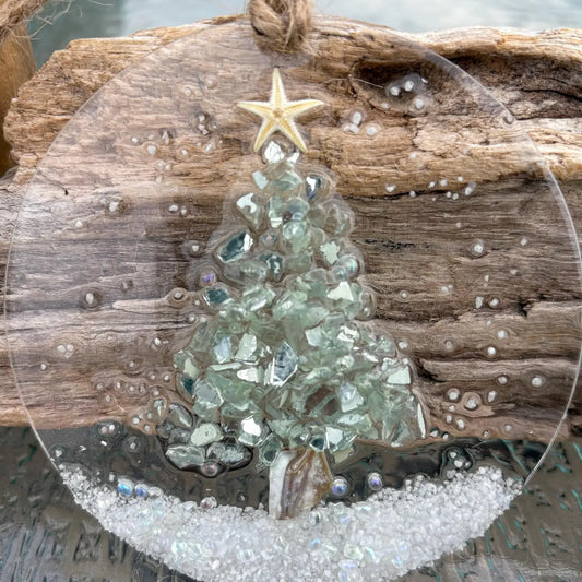 Handmade Aqua Glass Christmas Tree with Snow