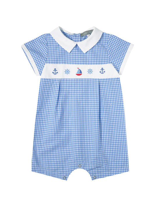 Blue Gingham Nautical Embroidered Romper, Little Boys