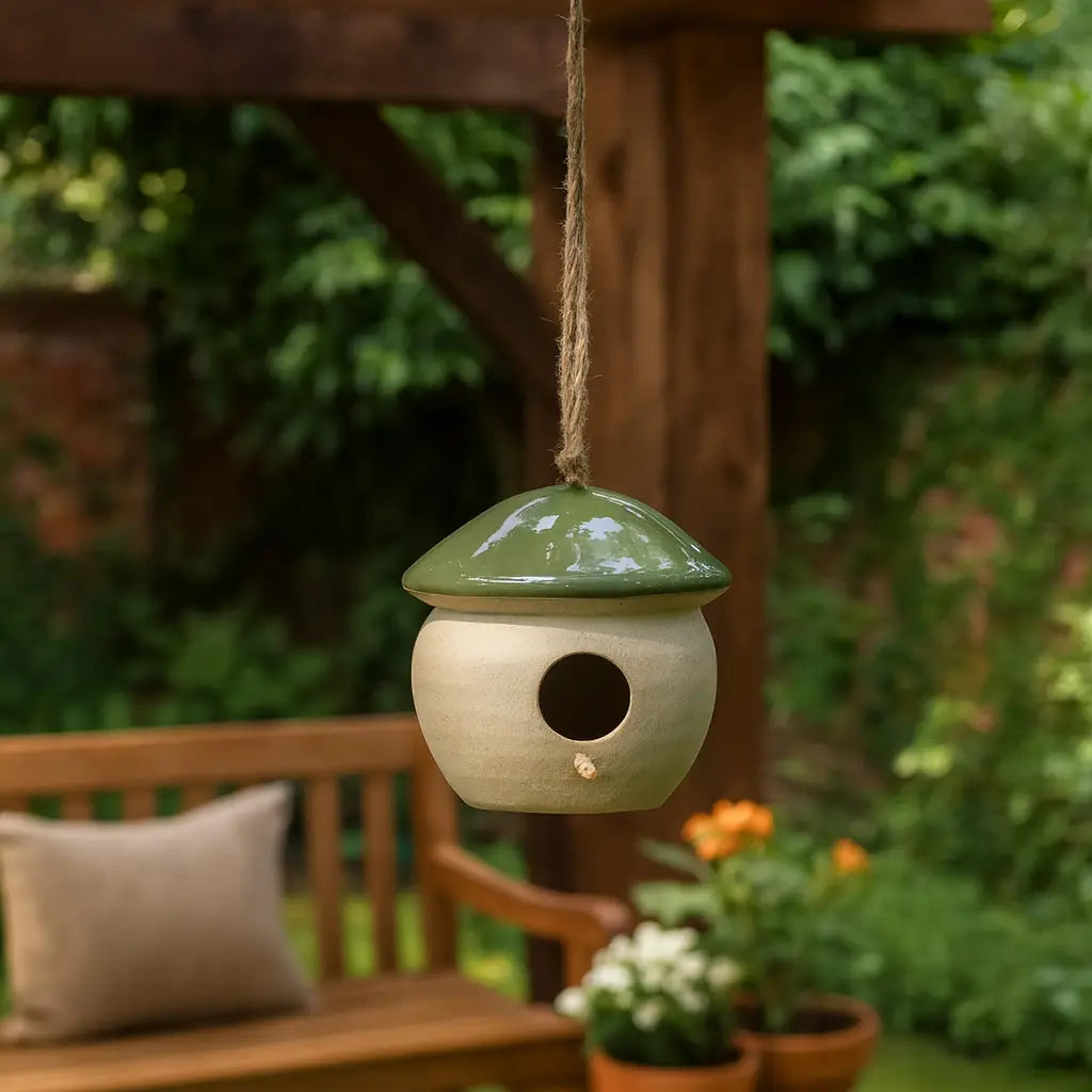 Bird Feeder - Green Ceramic Round, 6 in.