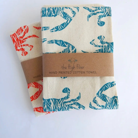 Crab Handprinted Kitchen Towel, Coastal Tea Towel