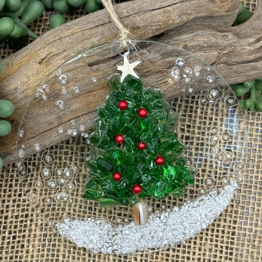 Coastal Christmas Ornament-Green Glass Tree with Berries