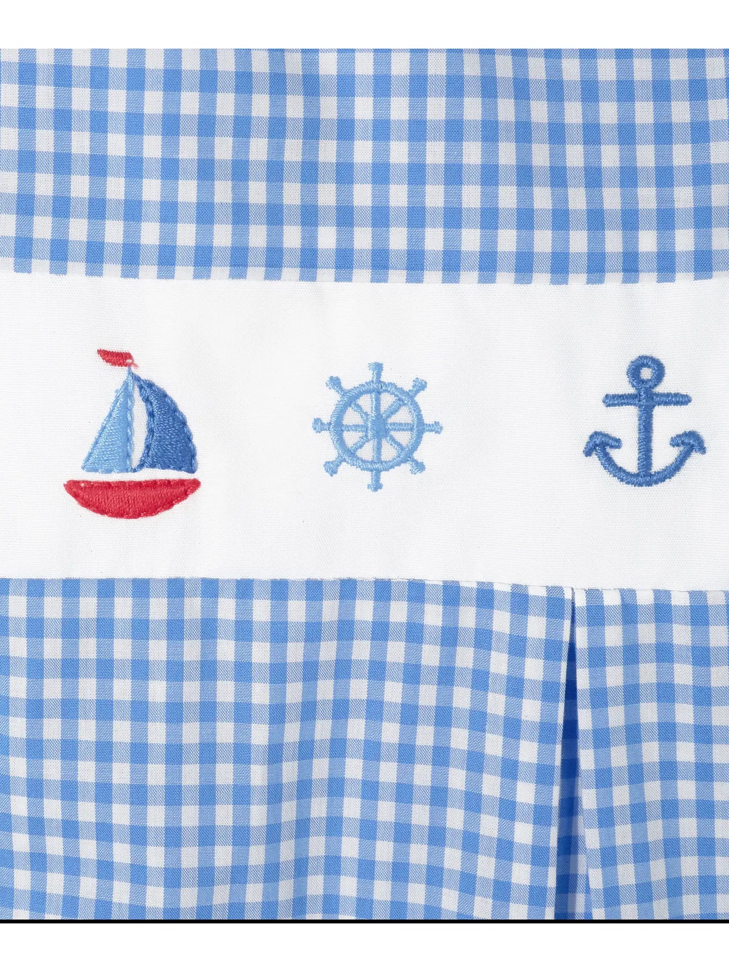 Blue Gingham Nautical Embroidered Romper, Little Boys