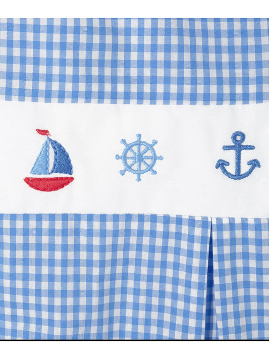 Blue Gingham Nautical Embroidered Romper, Little Boys