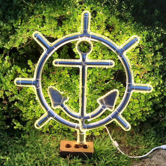 Island Ships Wheel with Anchor Aluminum Decor