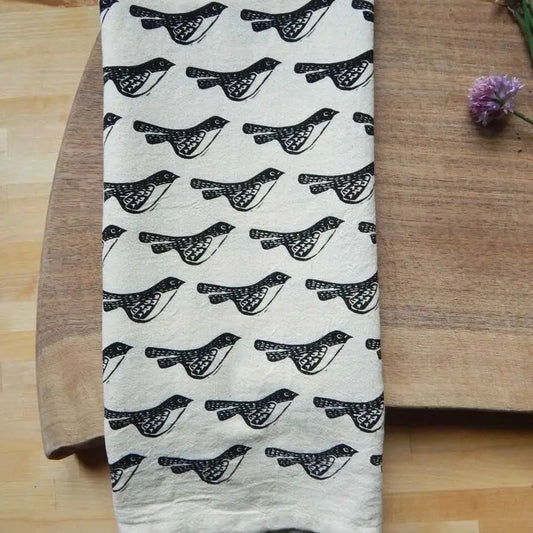 Bird Kitchen Towel, Handprinted Tea Towel