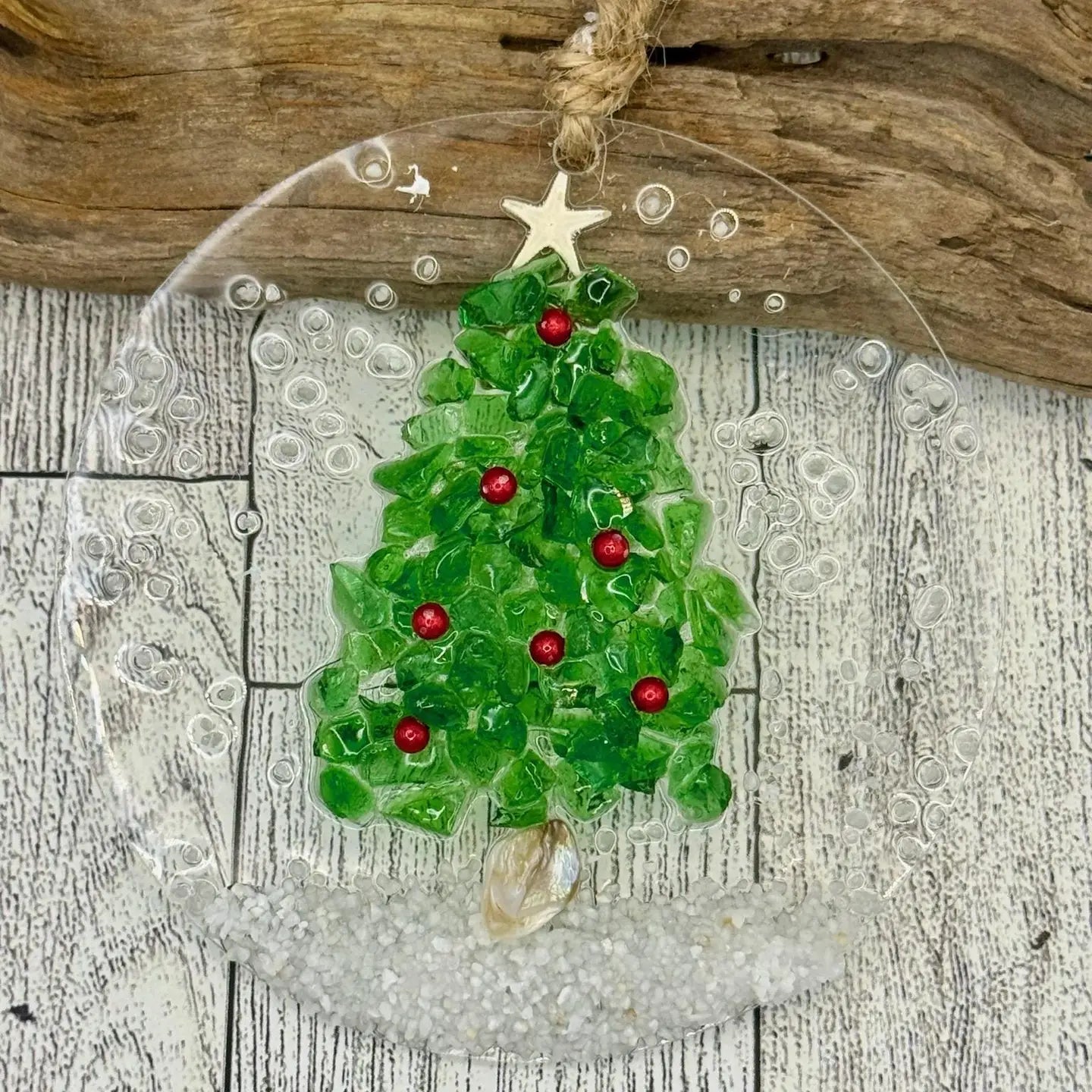 Coastal Christmas Ornament-Green Glass Tree with Berries