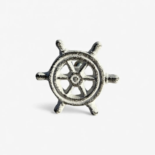 Ship Wheel Cabinet Knob, Distressed White Cast Iron Drawer Pull