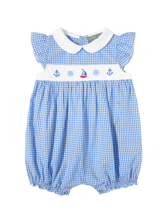 Blue Gingham Nautical Romper, Little Girls