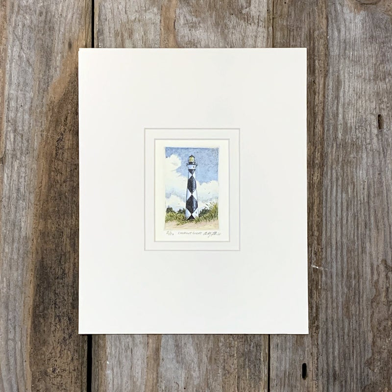 "Cape Lookout Light" signed etching by Anthony Feathers. 8"x10"