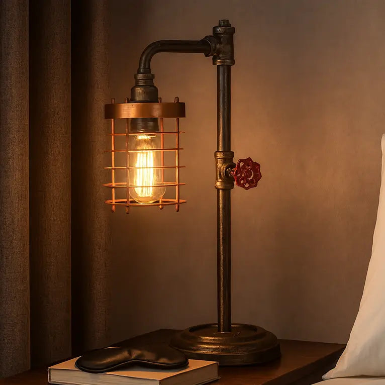 Table Lamp - Bronze Metal Pipe with Caged Shade, 18 in.