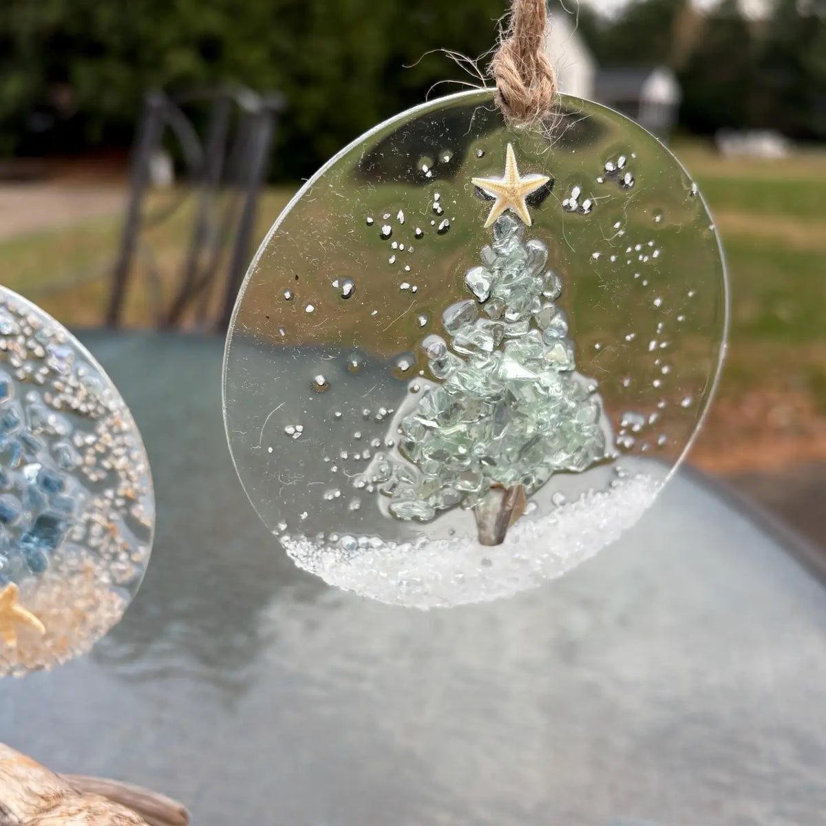 Handmade Aqua Glass Christmas Tree with Snow
