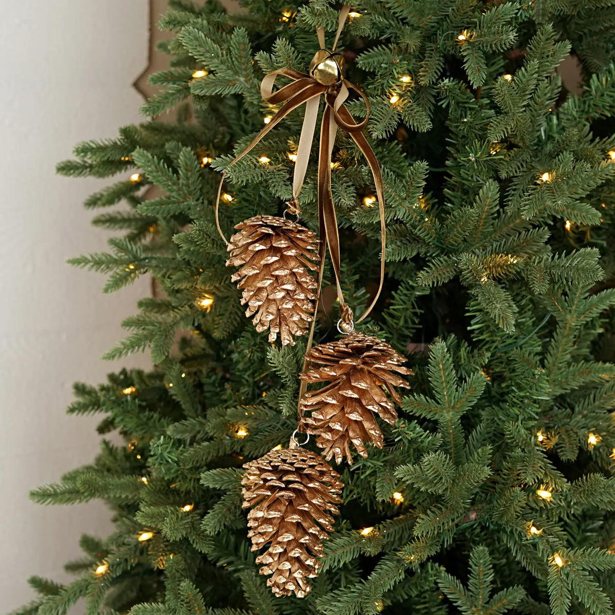 18" Long Gold Jumbo Pinecone Trio Cluster w/Gold Bell