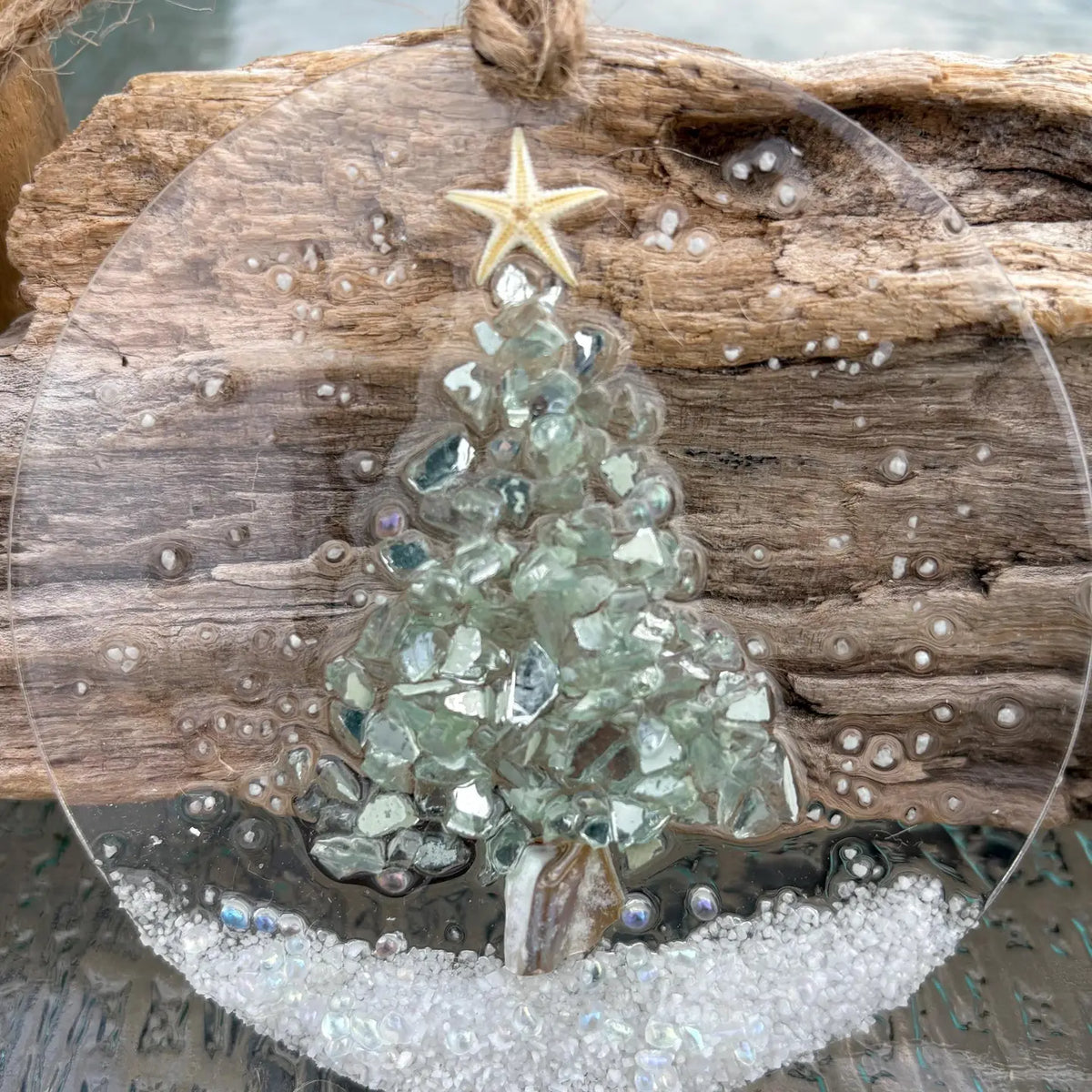 Handmade Aqua Glass Christmas Tree with Snow
