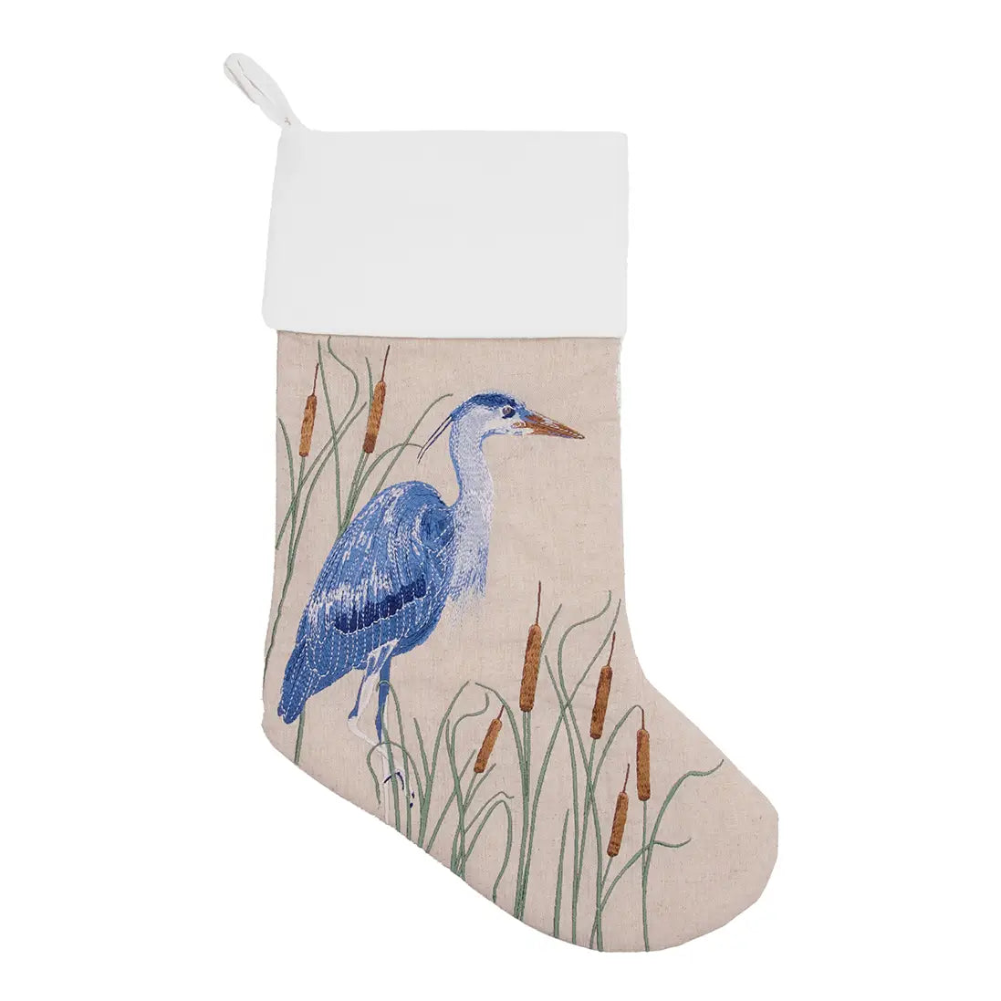 Blue Heron Embroidered Linen Stocking