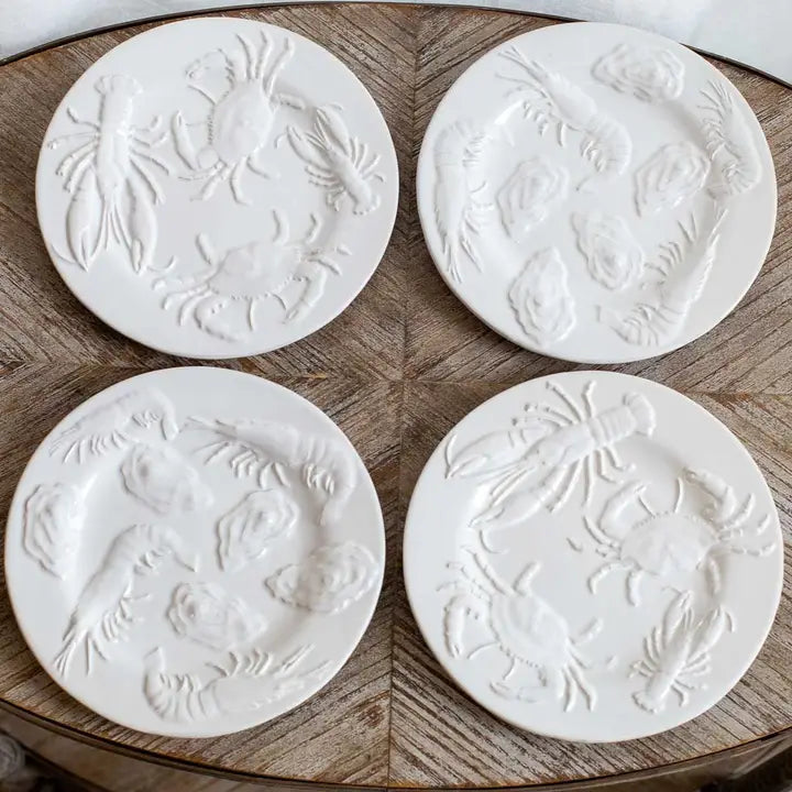 Set of 4 Coastal Seafood Embossed Plates 8"