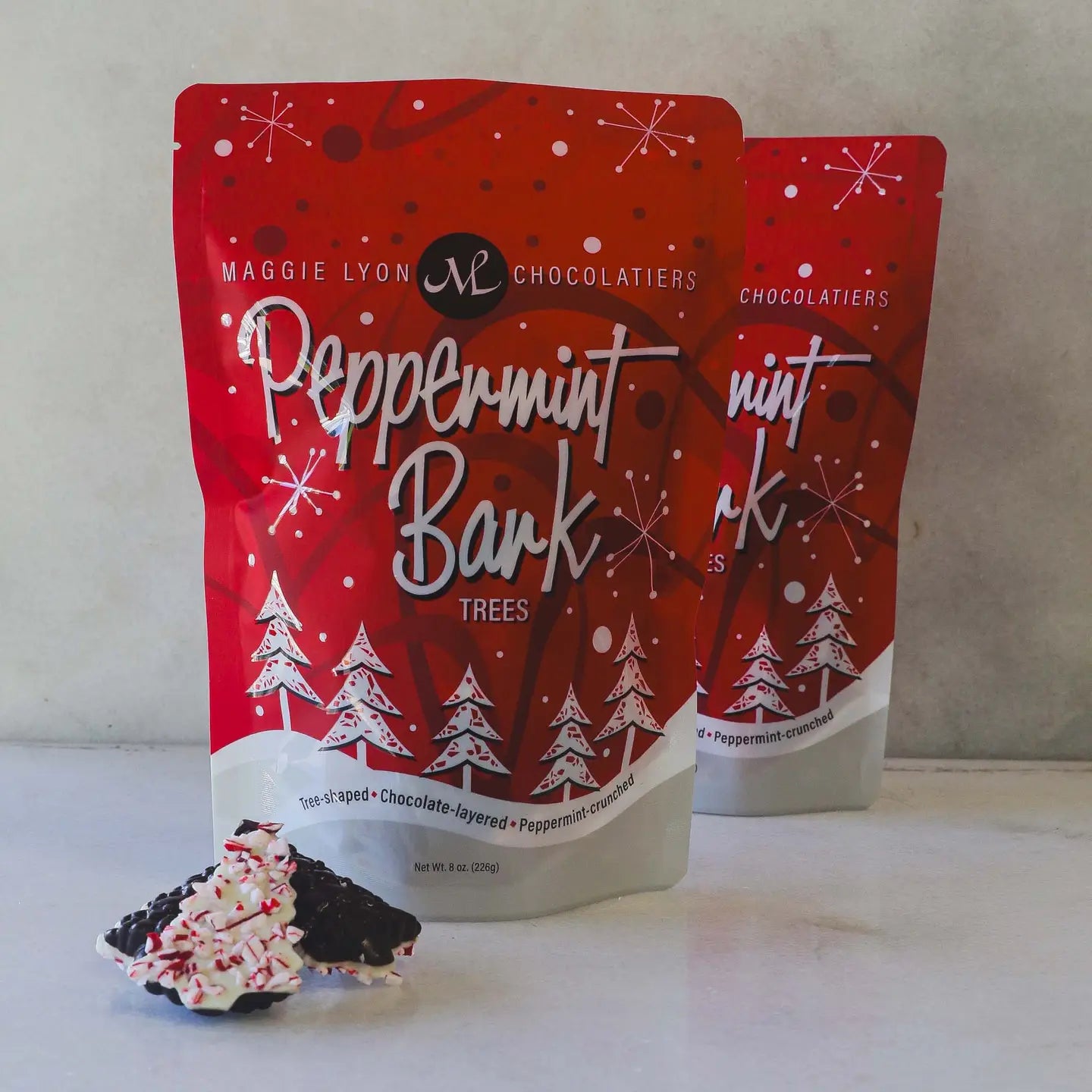 8 oz Dark and White Chocolate Peppermint Bark Trees