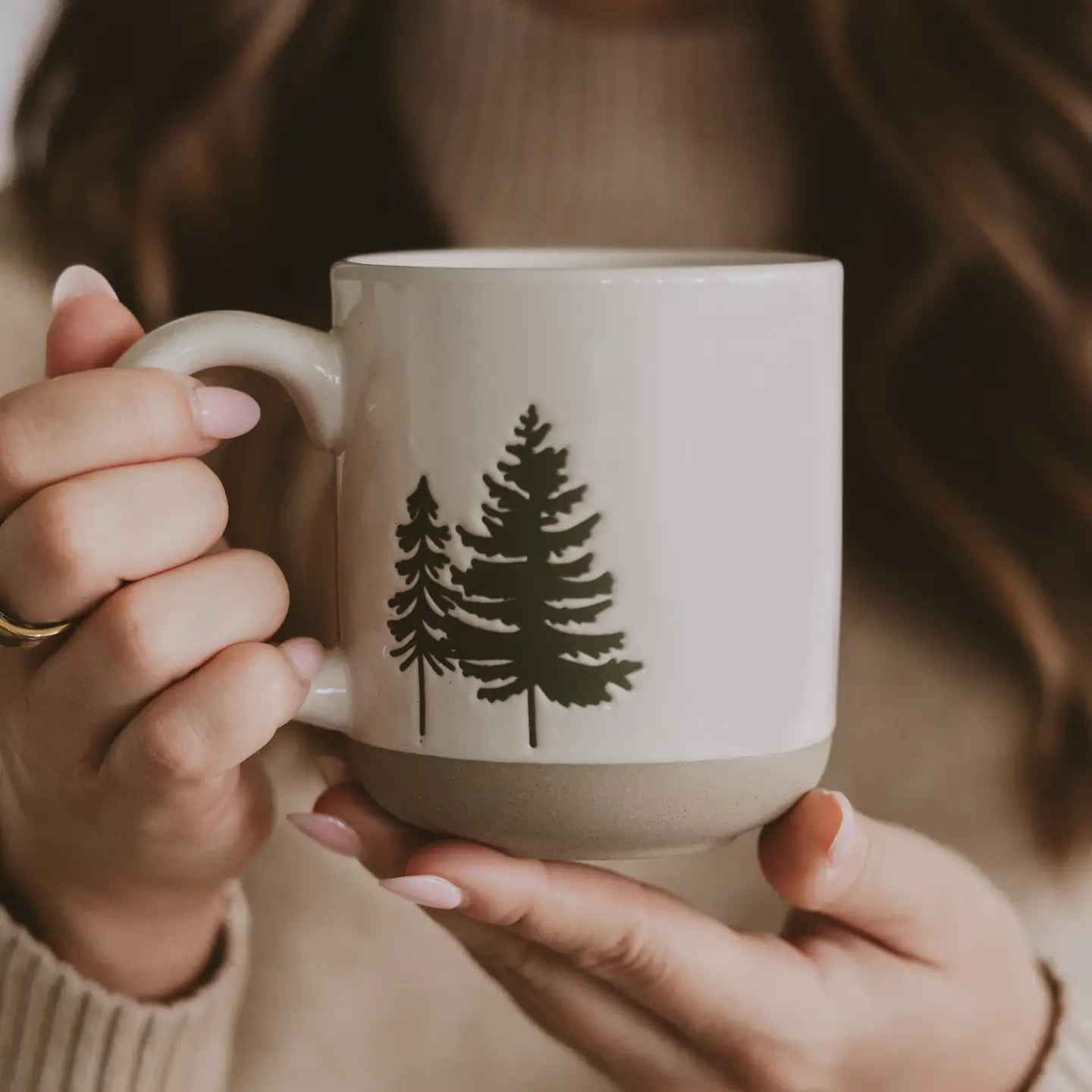 Green Trees Stoneware Coffee Mug - Christmas Decor