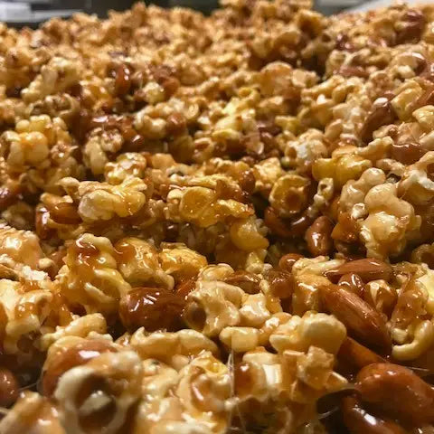 Homemade Caramel Corn with Almonds, Pretzels and Peanuts