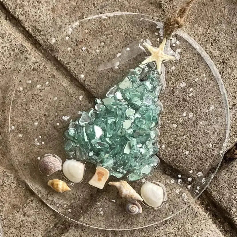 Coastal Christmas Orn. Aqua Christmas Tree w/Shells