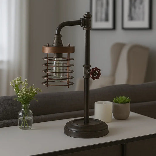 Table Lamp - Bronze Metal Pipe with Caged Shade, 18 in.