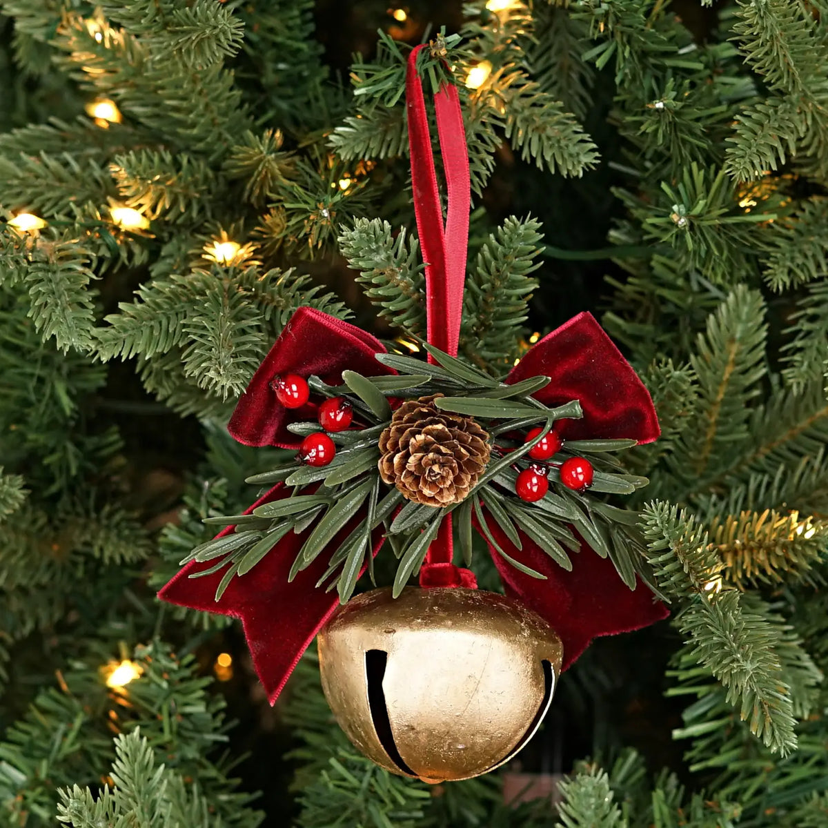 6.5" Long Gold Sleigh Bell with pine and Burgundy Bow