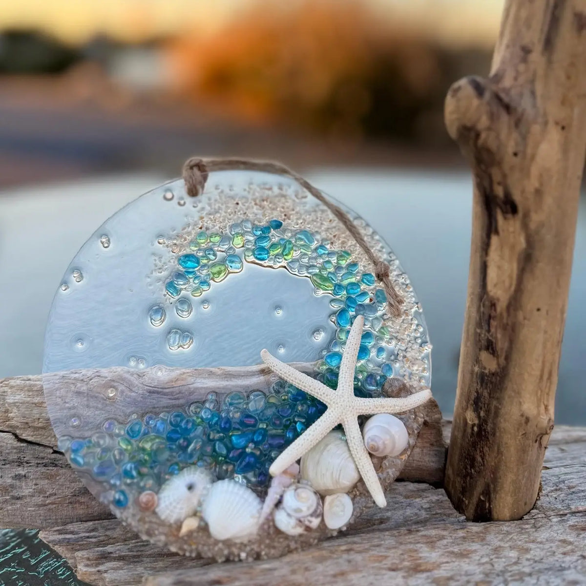 Handmade Coastal Wave Beaded Glass Suncatcher with Shells, Multi