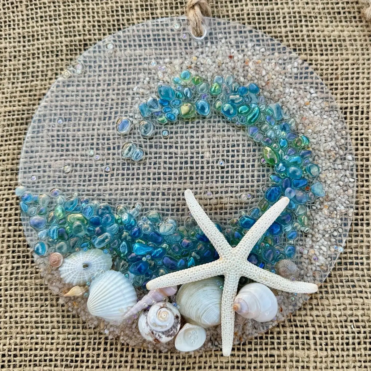 Handmade Coastal Wave Beaded Glass Suncatcher with Shells, Multi