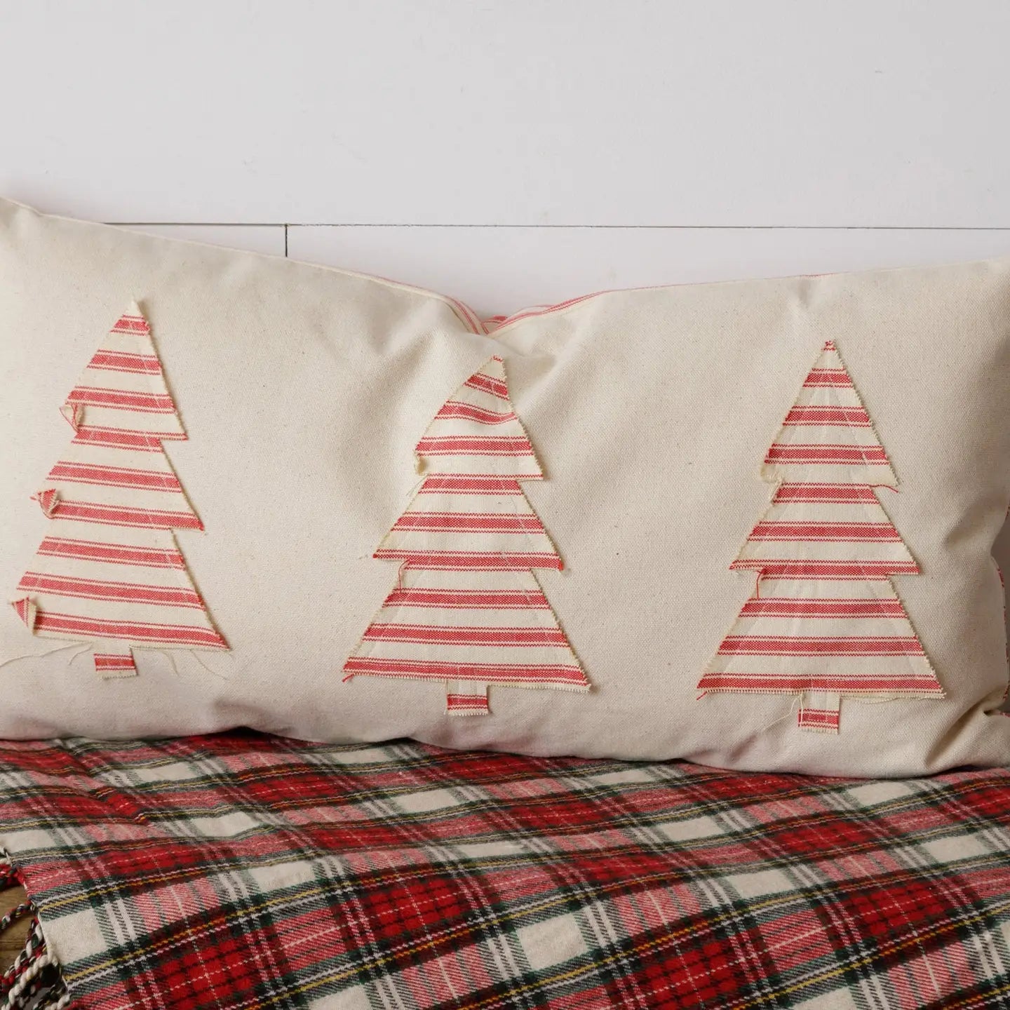 Reversible Pillow - Red Stripes & Trees