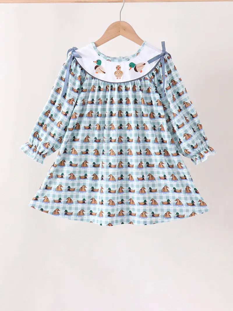 Blue, Mallard Duck-embroidery dress