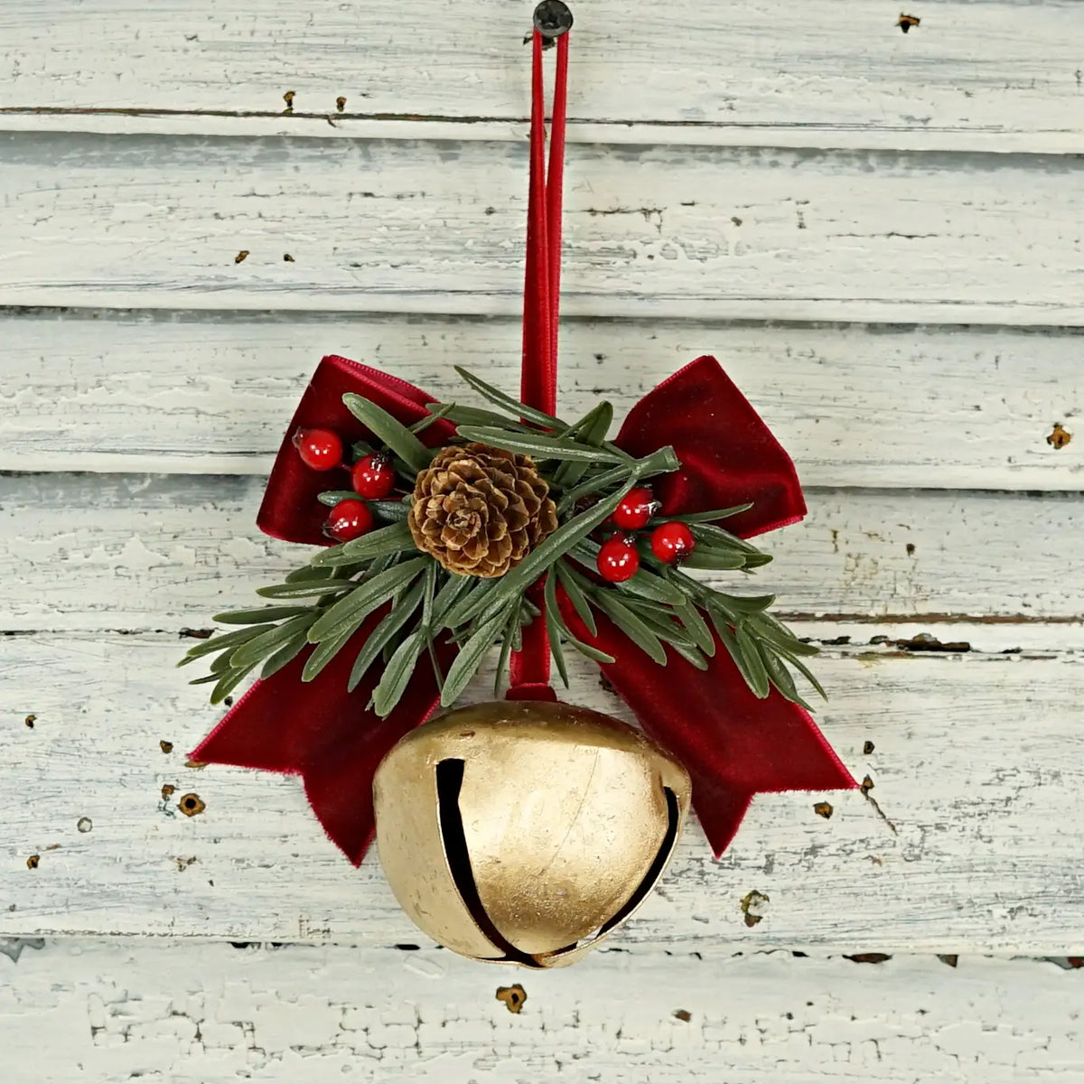 6.5" Long Gold Sleigh Bell with pine and Burgundy Bow