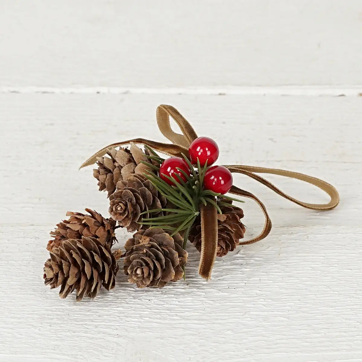 6" Long Hanging Decor-birch cones with red berries