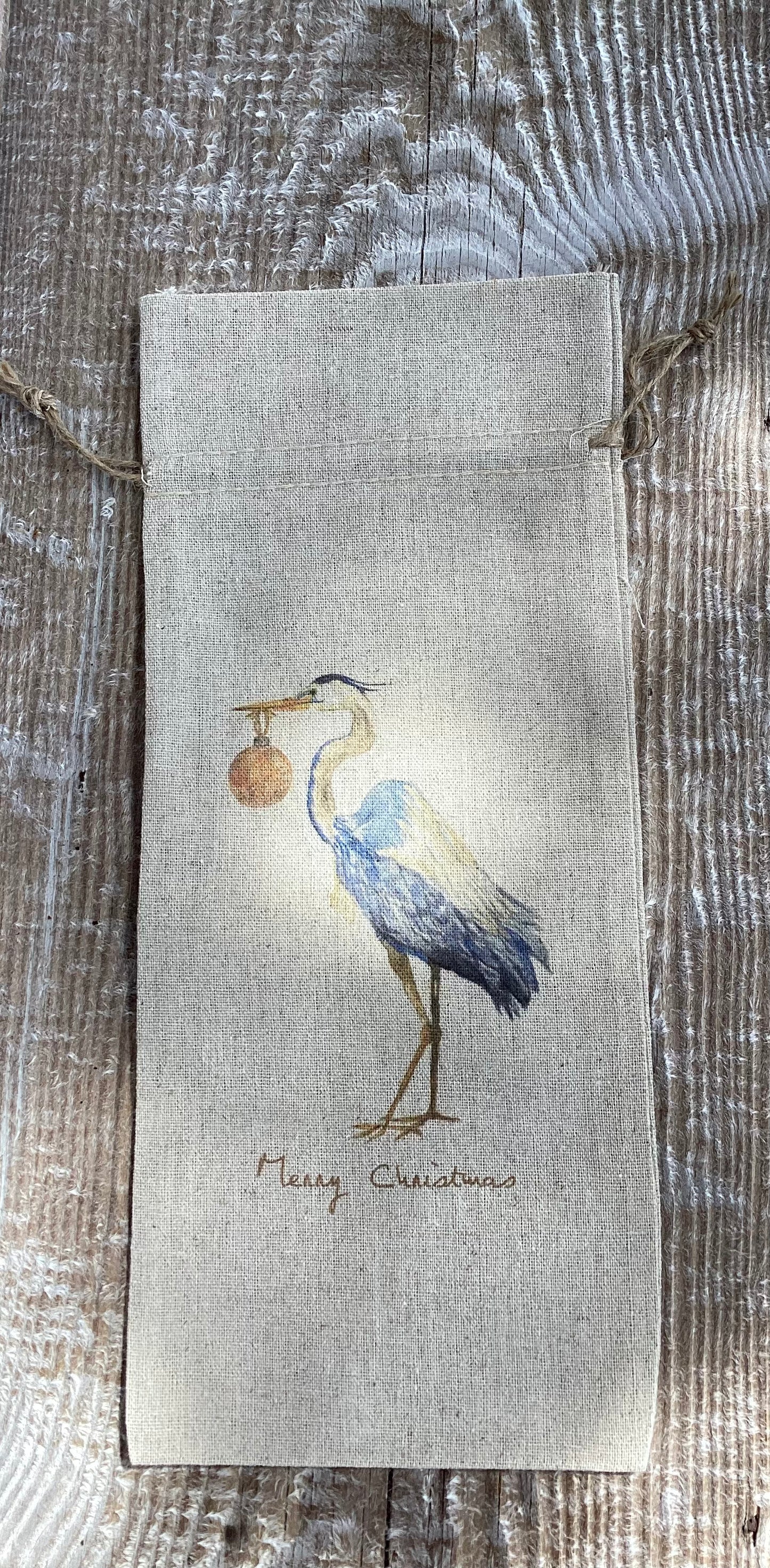 Blue Heron with "Merry Christmas" Wine Bag