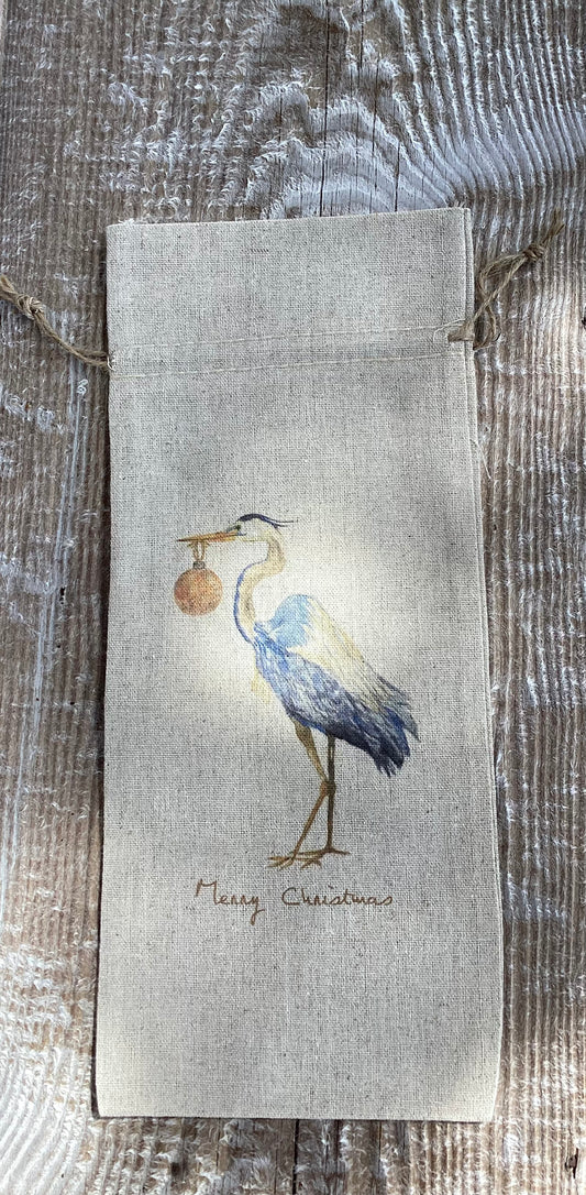 Blue Heron with "Merry Christmas" Wine Bag