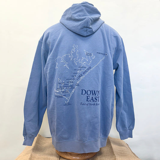 Blue Jean, Hooded Pullover Sweatshirt Down East Map Outline