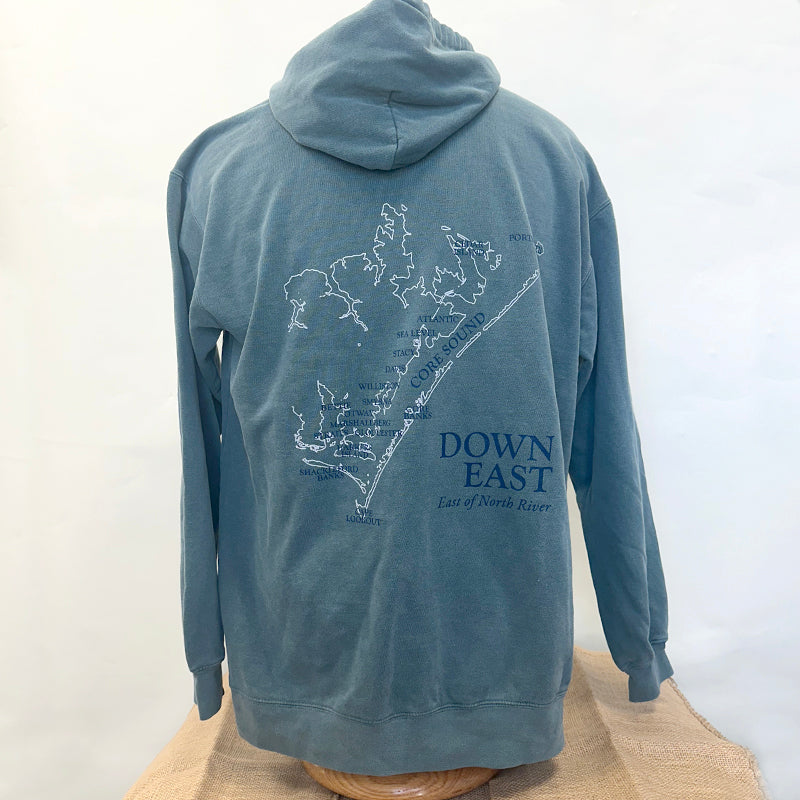 BluSpruce, Hooded Pullover Sweatshirt Down East Map Outline