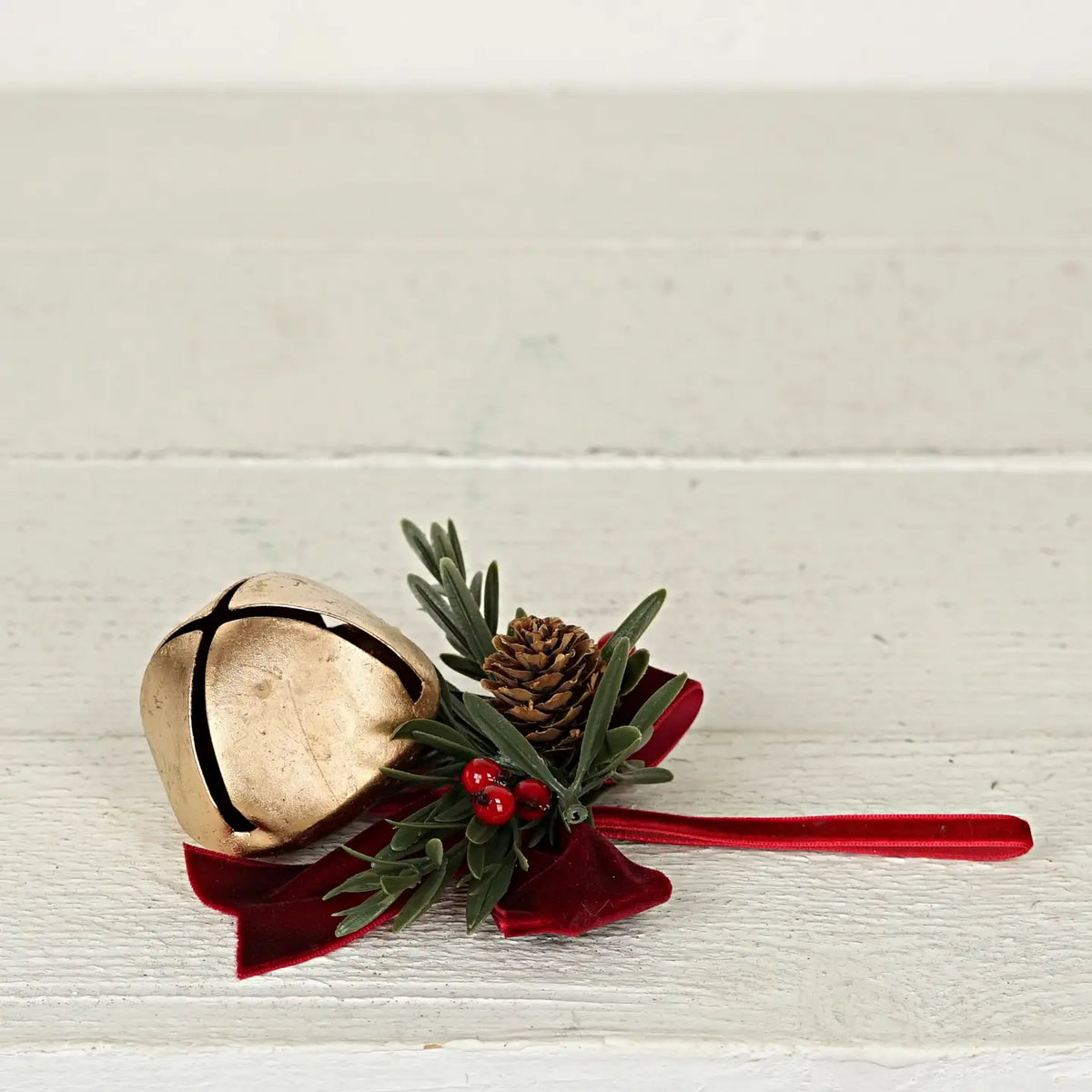 6.5" Long Gold Sleigh Bell with pine and Burgundy Bow