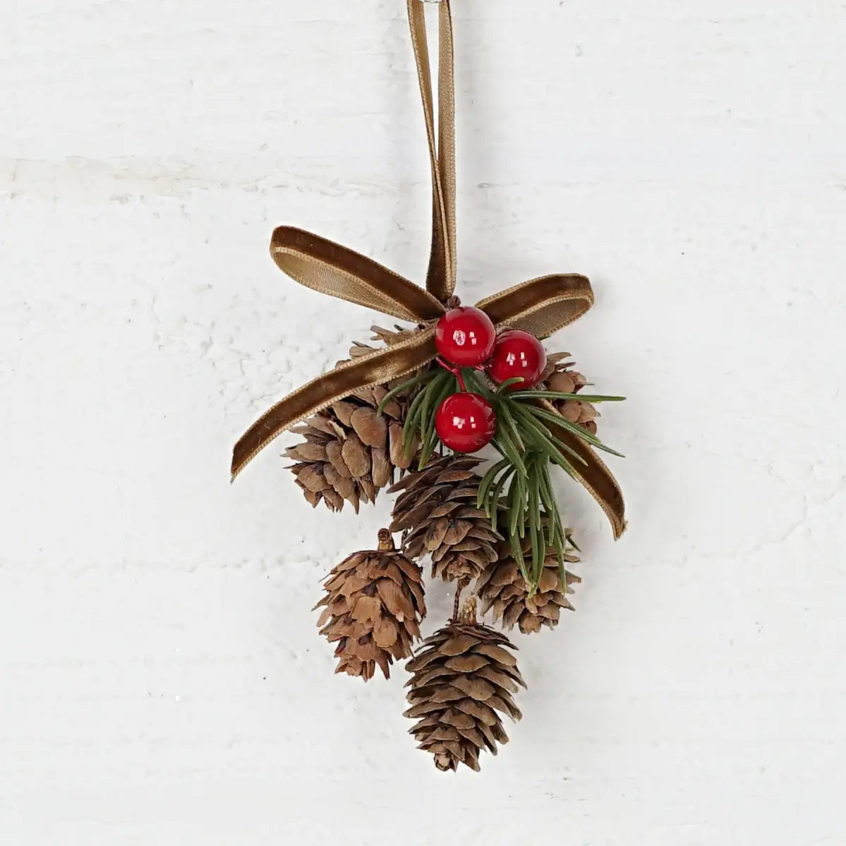 6" Long Hanging Decor-birch cones with red berries