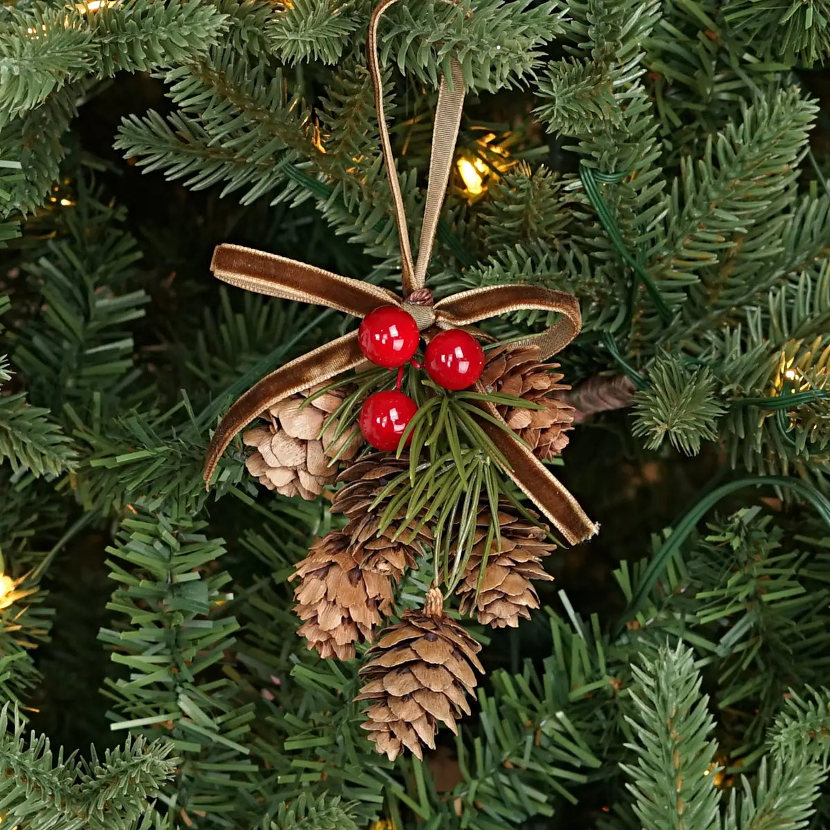 6" Long Hanging Decor-birch cones with red berries