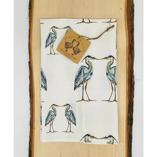 Kitchen Towel, Large Heron on White Linen