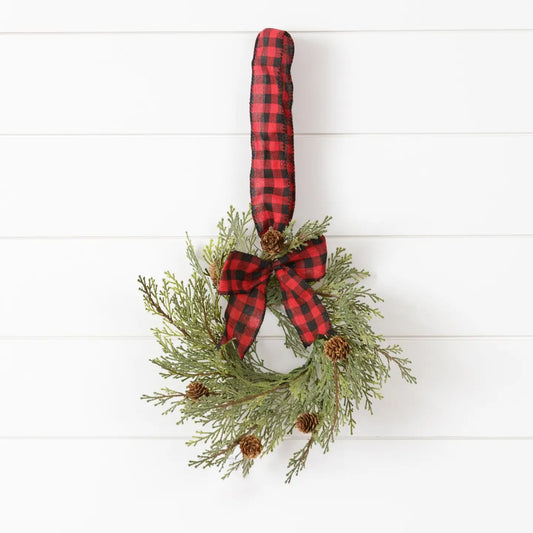 Mini Wreath Hanger, Cedar with Cones & Buffalo Blaid Bow