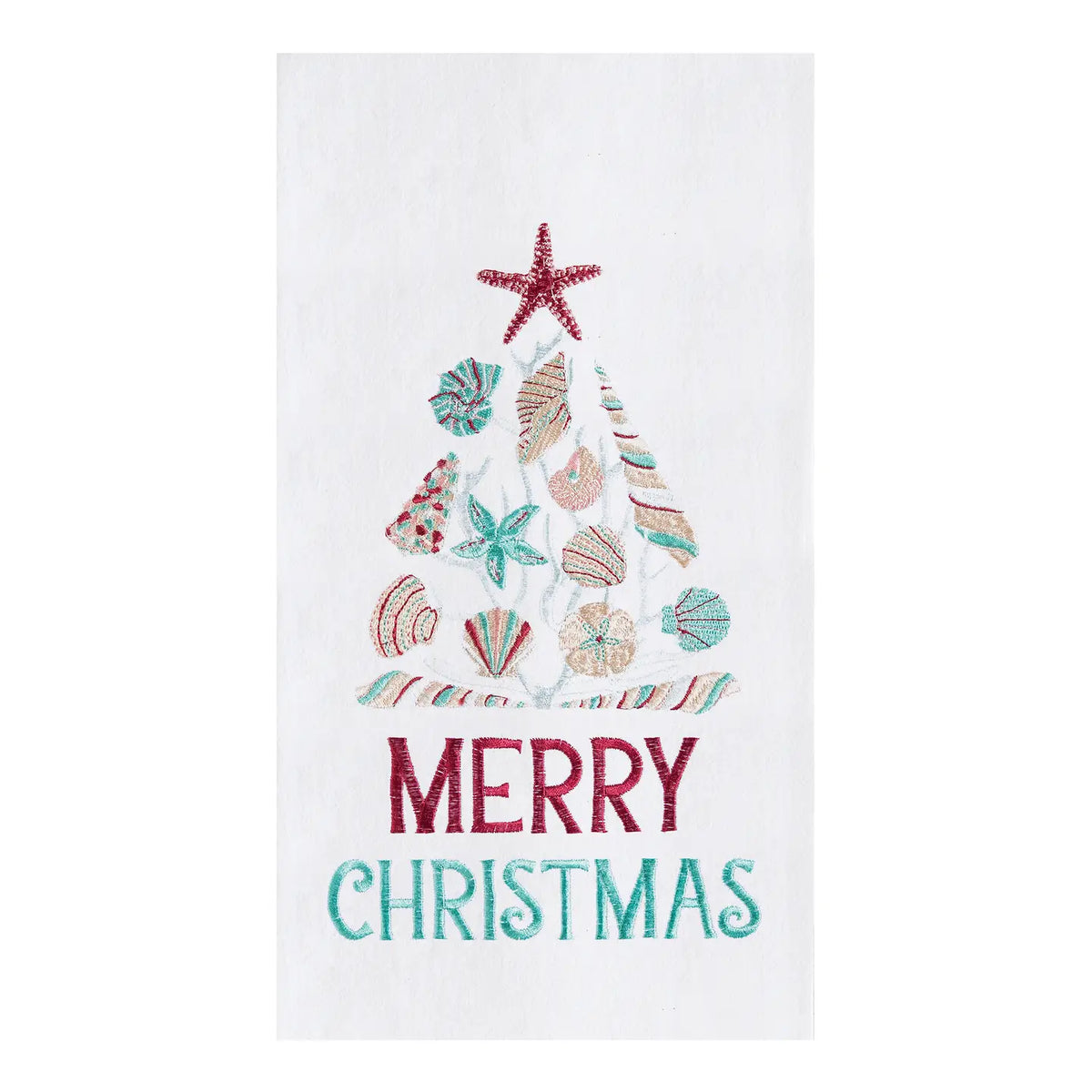 Merry Christmas Tree Coastal Seashells Towel
