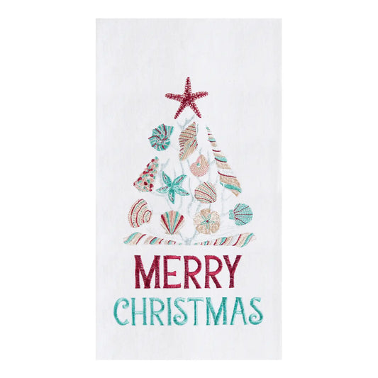 Merry Christmas Tree Coastal Seashells Towel