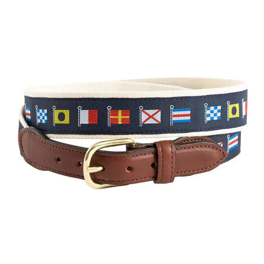 Nautical Flag Motif Leather tab Belt, 32"