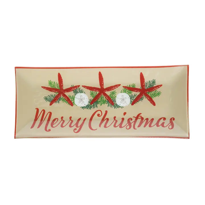 Merry Christmas Seaside Greetings Glass Platter