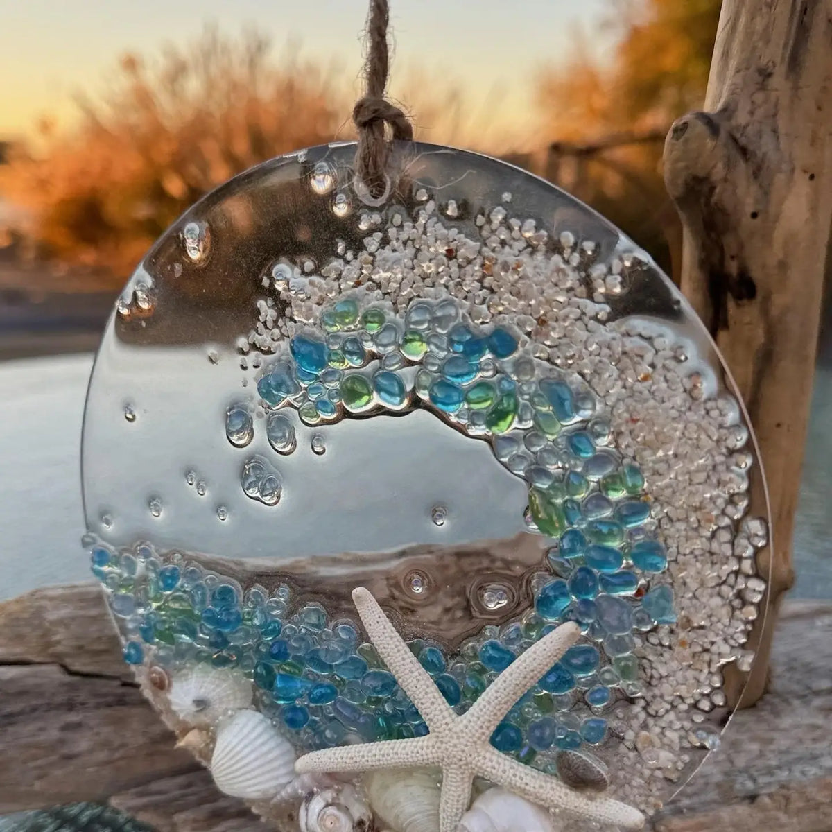 Handmade Coastal Wave Beaded Glass Suncatcher with Shells, Multi