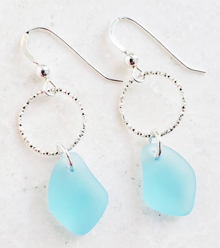 Earrings, Silver Diamond Cut Sea Glass Pebble - Turquoise