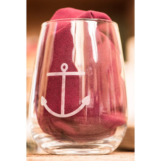 Engraved Anchor Stemless Wine Glass